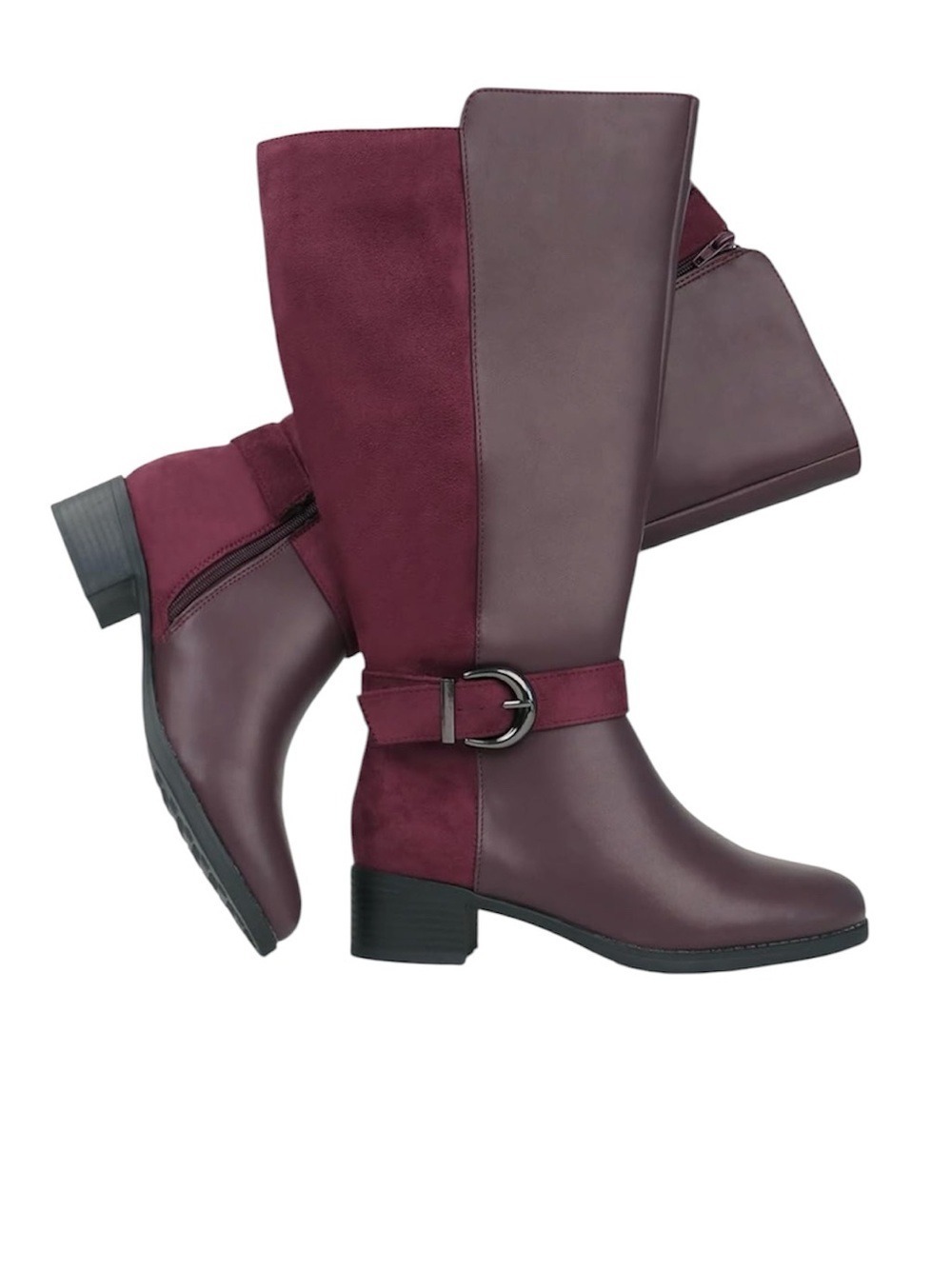 Hawkwell Two-Tone Burgundy Mid-Calf Boots with Buckle Strap